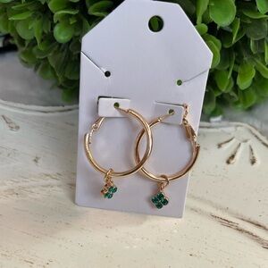 Elegant Gold Tone Hoop Earrings with Green Clover Charm